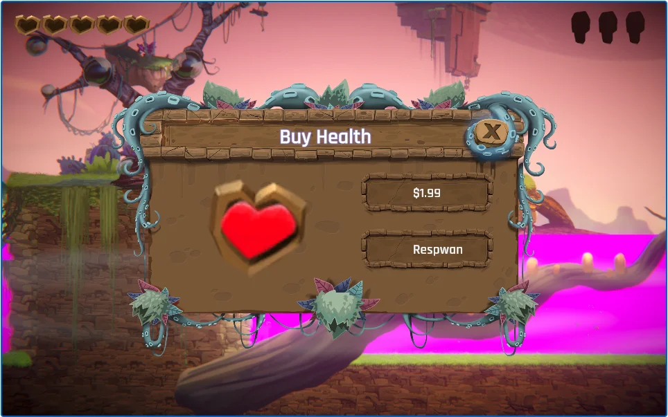 Demo game - "Buy full health" popup after the player loses their last life triggering a spontaneous purchase opportunity