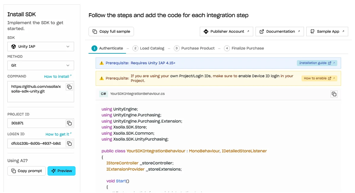 Integration Widget showing the Git install command