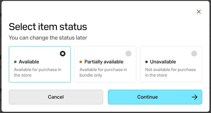 Select item status dialog with Available selected