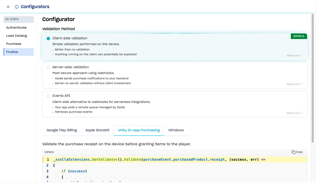 SDK Explorer Finalize Purchase > Configurator with Client-side validation selected