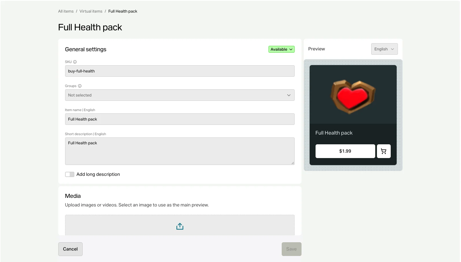 New virtual item form with the SKU, name and image filled in