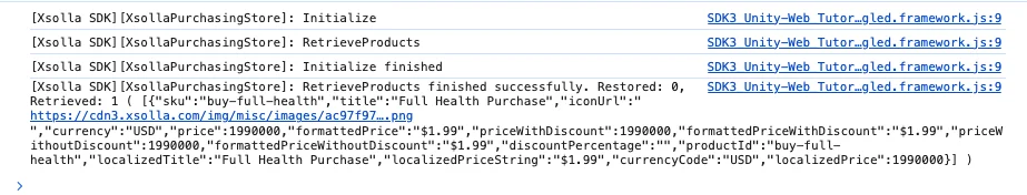 Console showing RetrieveProducts finished successfully with the buy-full-health product data