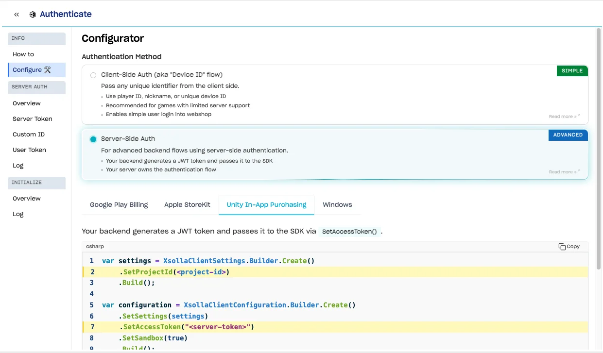 SDK Explorer, Authenticate Step > Configure with Server-Side Auth selected