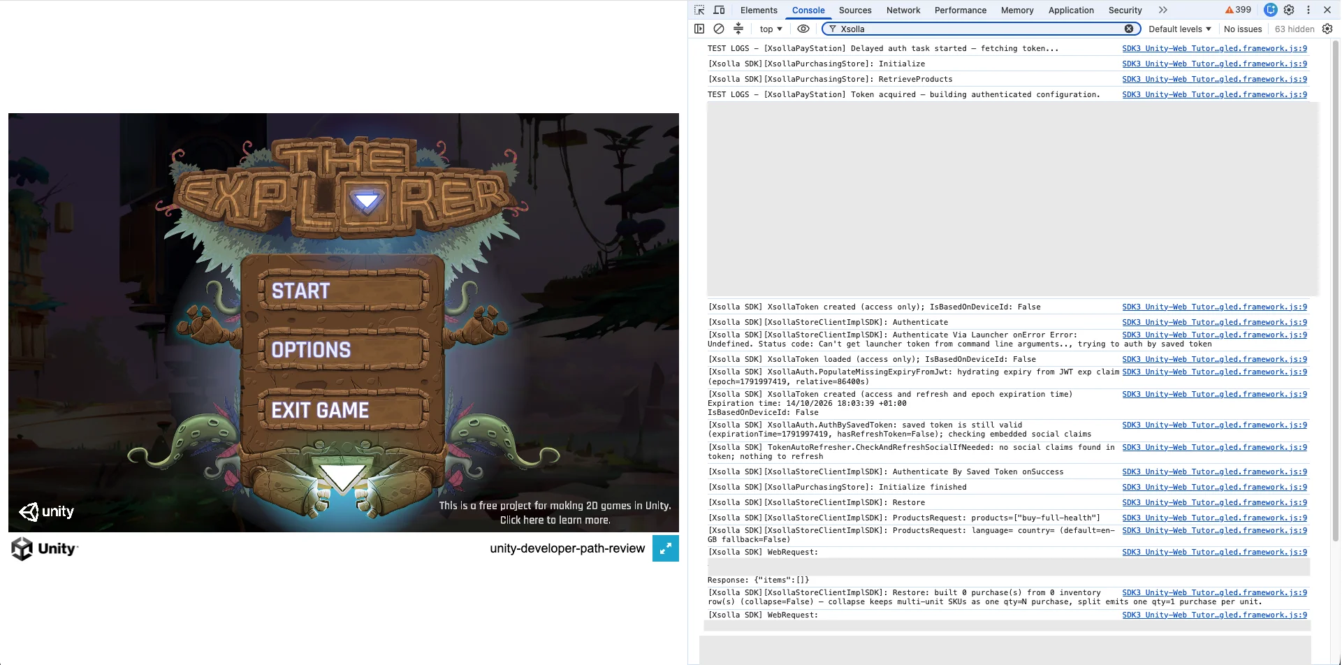Browser with the build running and the dev console filtered by "Xsolla" showing init/auth/product logs