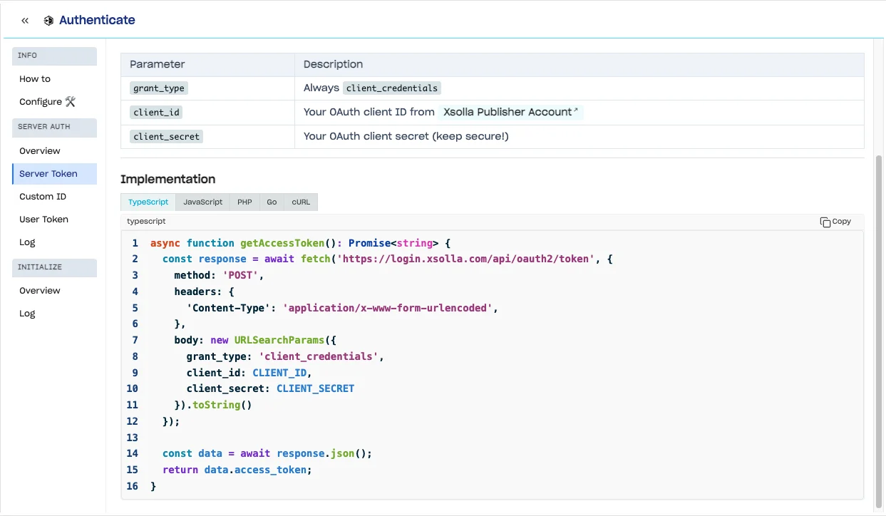 SDK Explorer Authenticate > Server Token tab with the implementation code