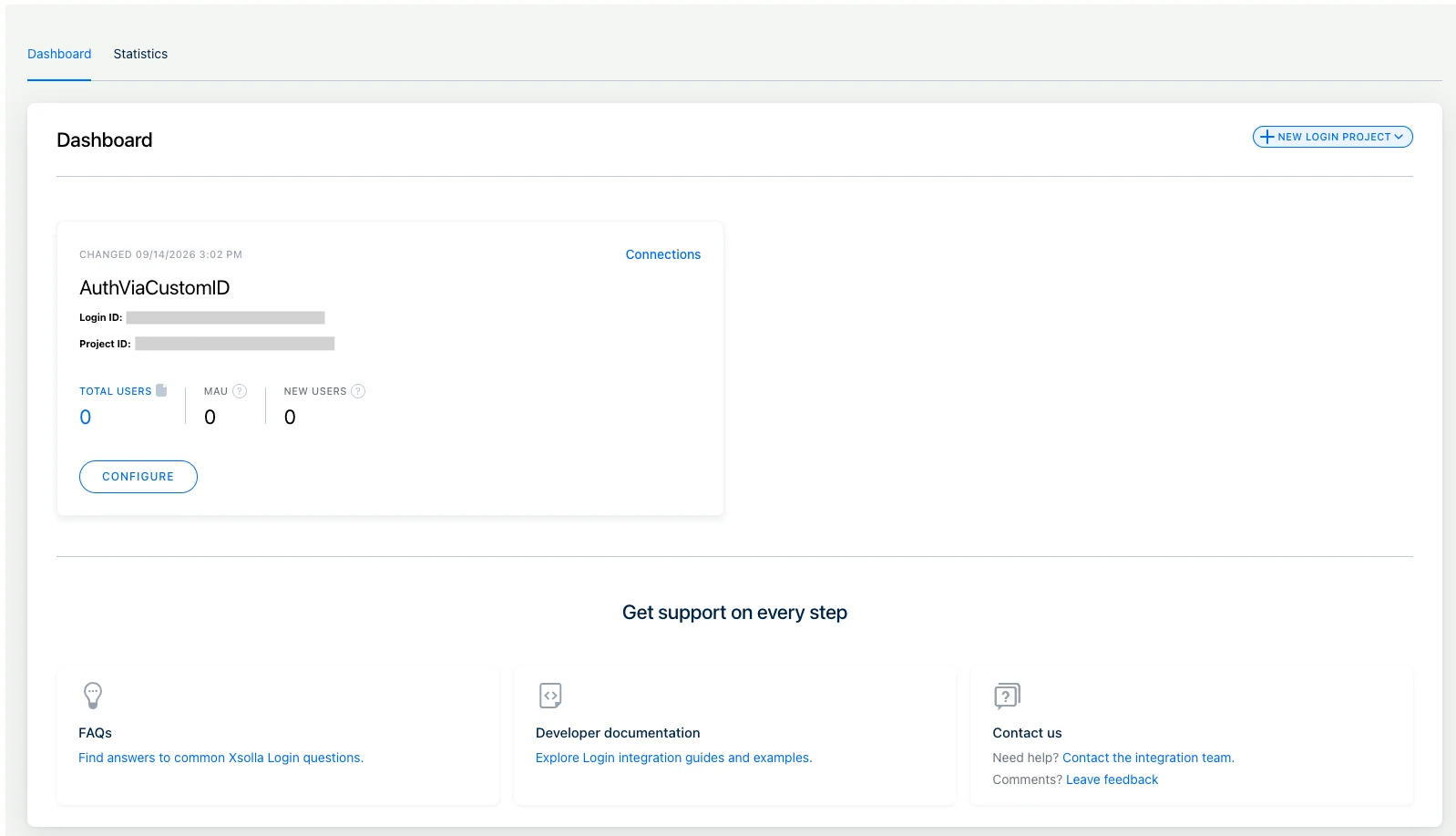 Login dashboard showing the Login ID and Project ID
