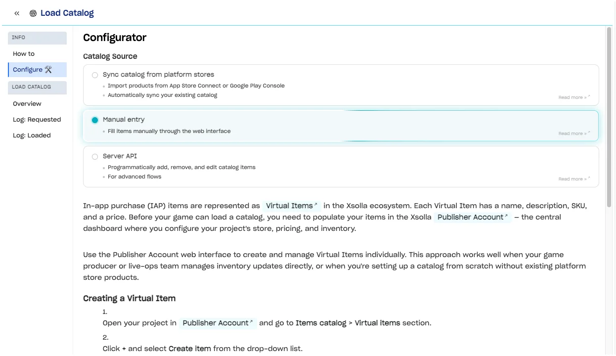 SDK Explorer Load Catalog > Configurator with Manual entry selected