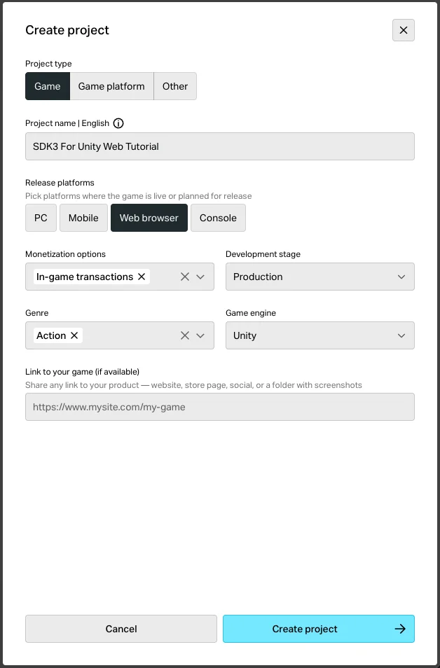 Publisher Account - new project details form