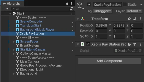 Hierarchy with the XsollaPayStation GameObject and its script component in the Inspector