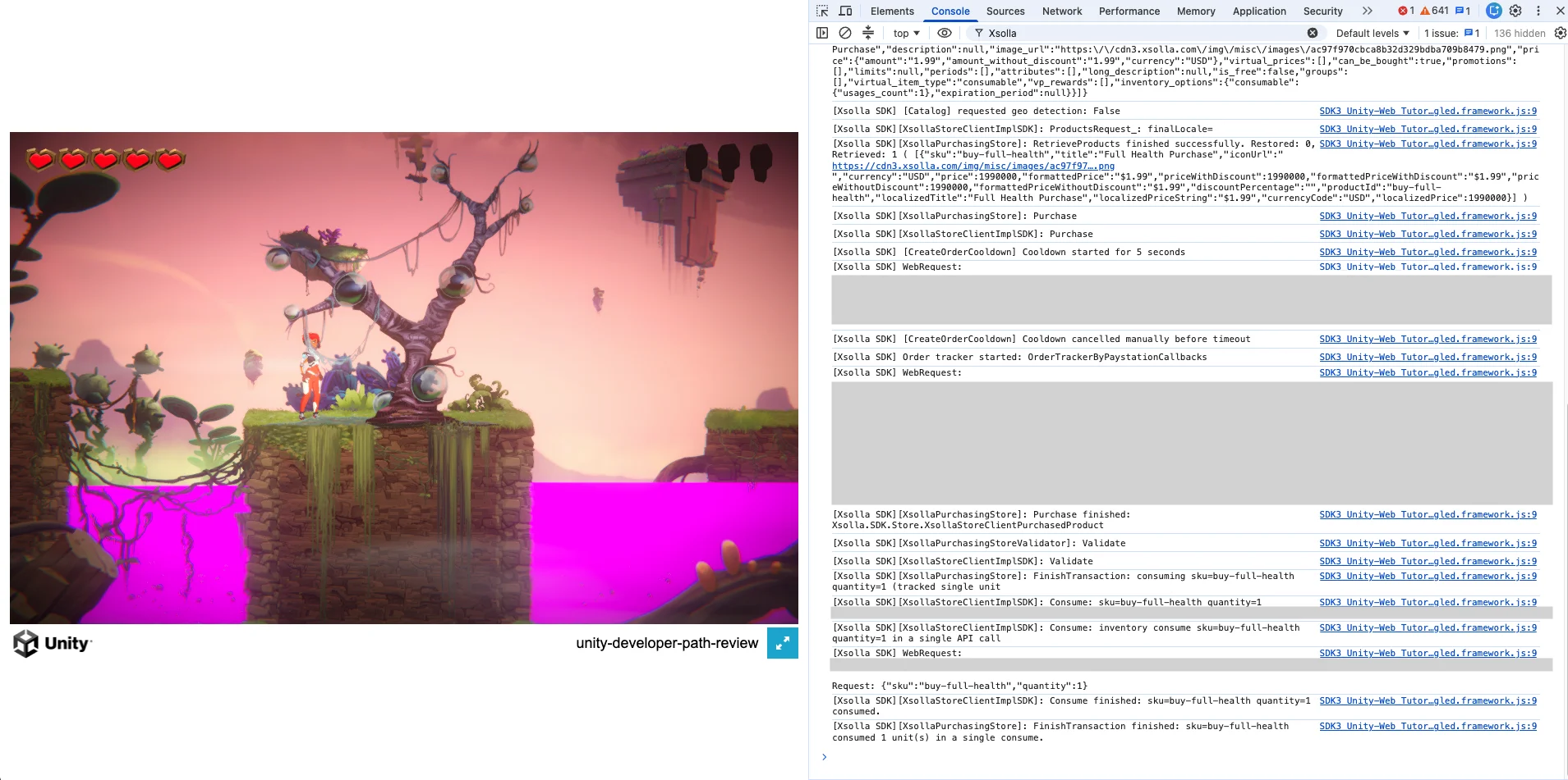 Player respawned with full health, console showing the transaction finished and product consumed logs
