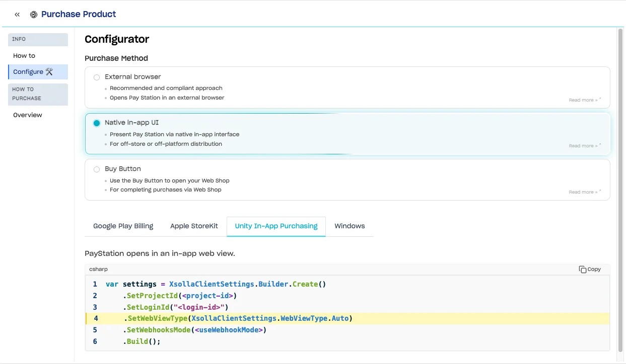 SDK Explorer Purchase Product > Configurator with Native in-app UI selected