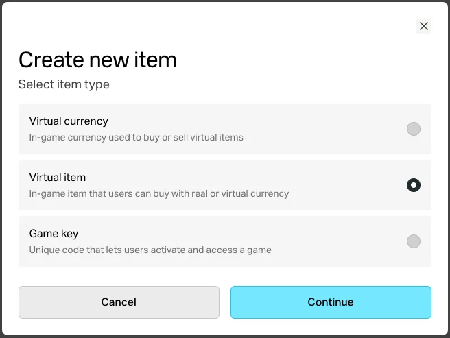 Create new item with Virtual item selected