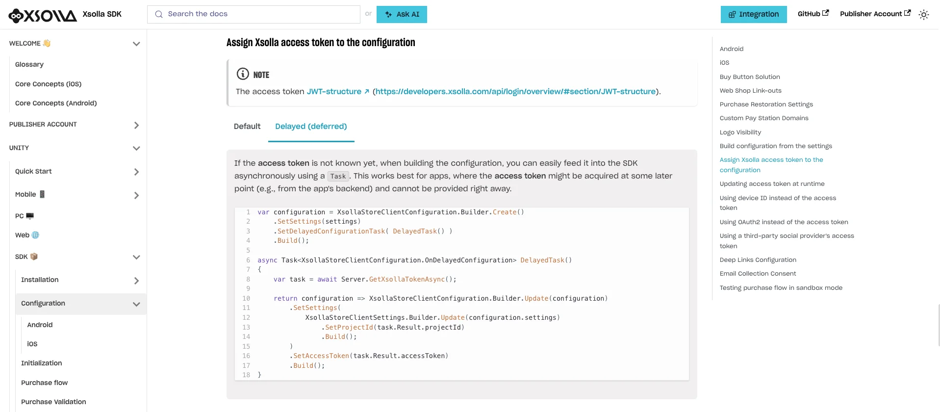 Docs - "Assign Xsolla access token to the configuration" with the Delayed (deferred) tab selected