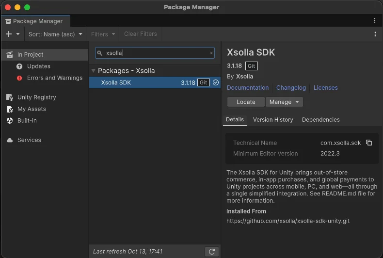 Unity Package Manager with Xsolla SDK listed as installed