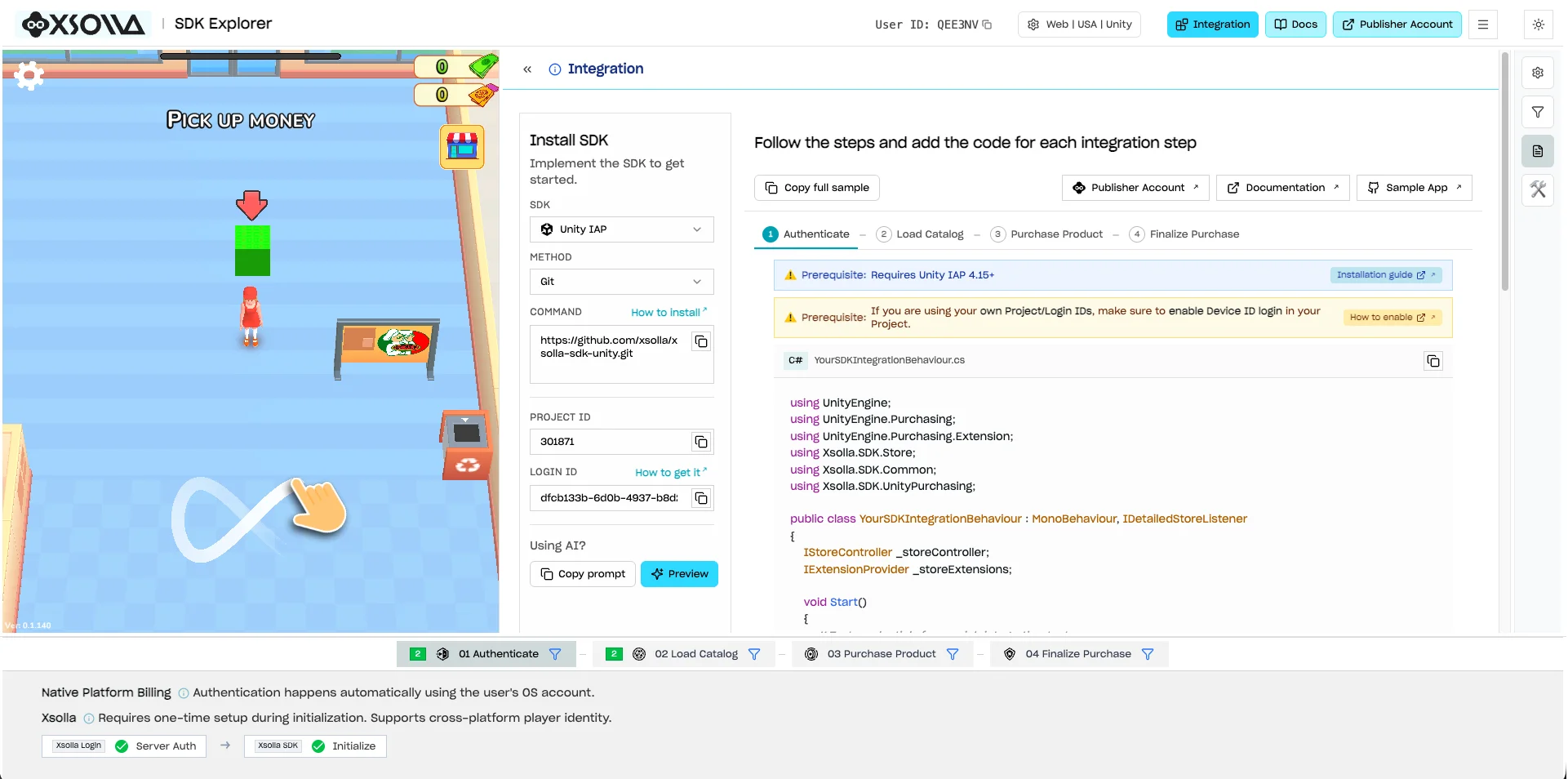 Integration Widget window inside the SDK Explorer