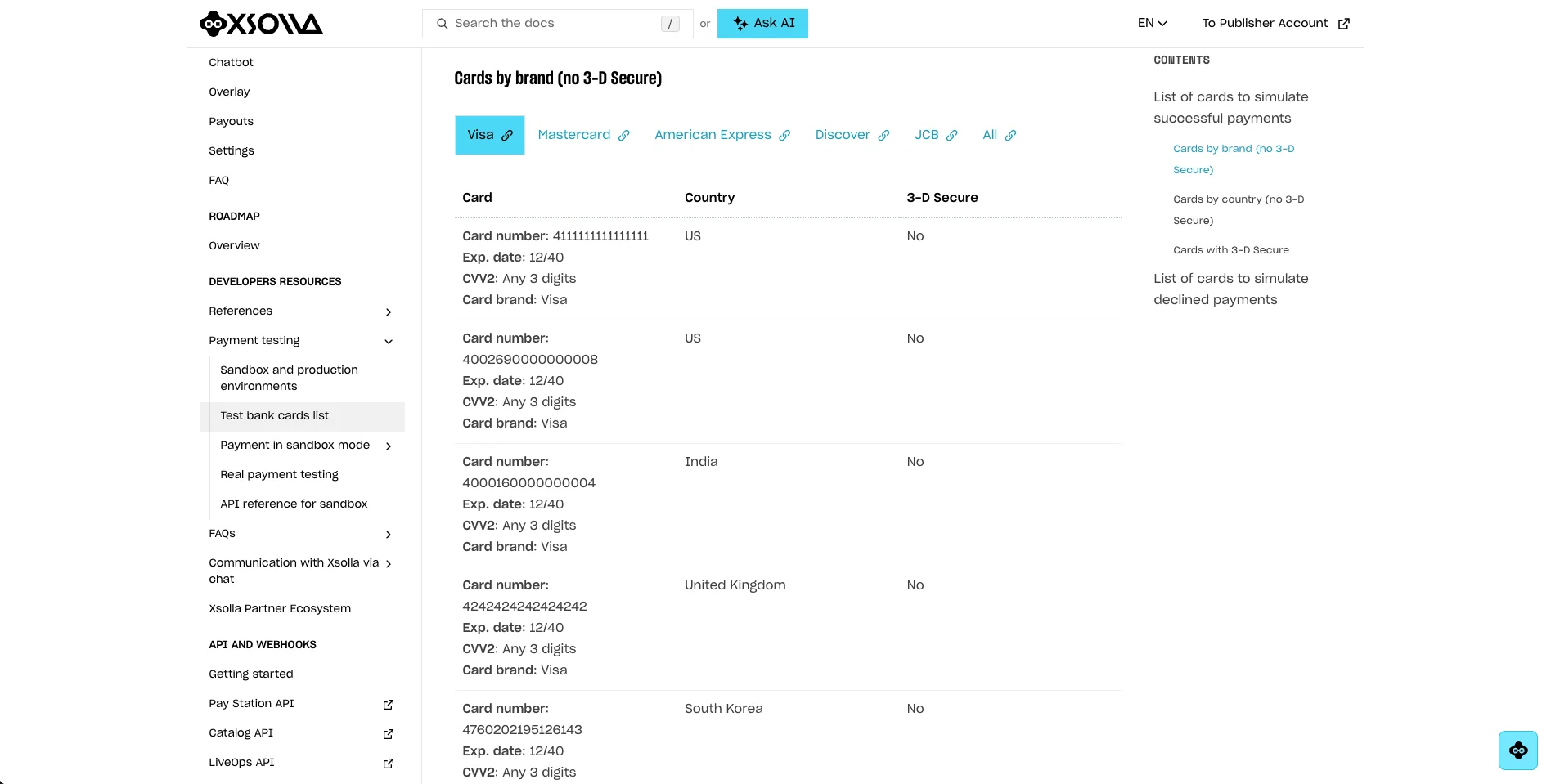 Xsolla docs page with test card details