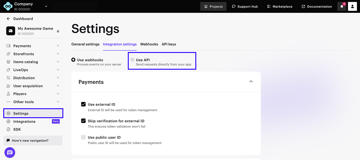Events API settings in Publisher Account