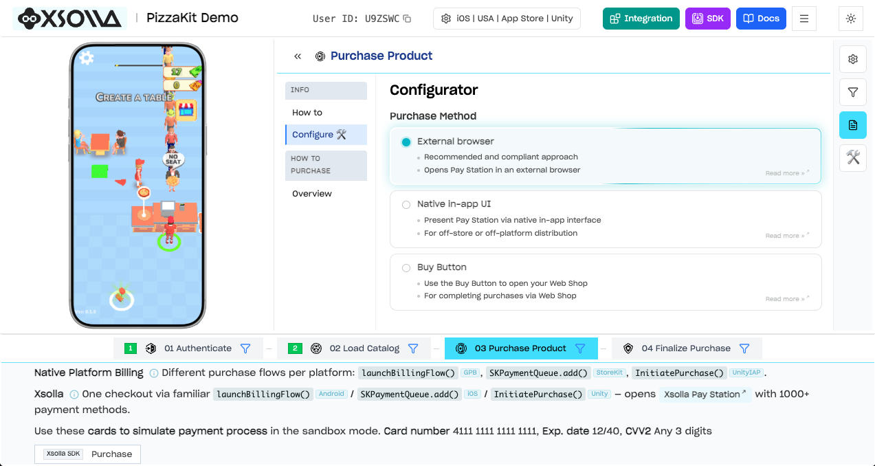 SDK Explorer — interactive demo of Xsolla SDK payment flow