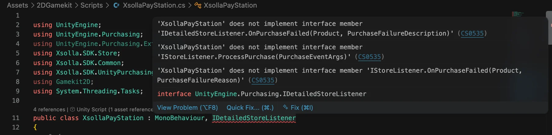 VS Code with hover tooltip listing the missing interface members on IDetailedStoreListener