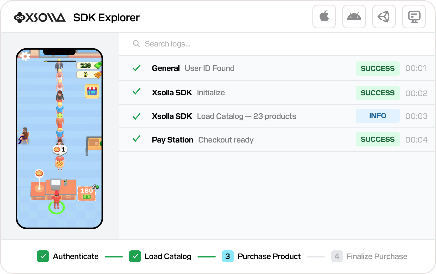 SDK Explorer interface — try the Xsolla SDK payment flow step by step
